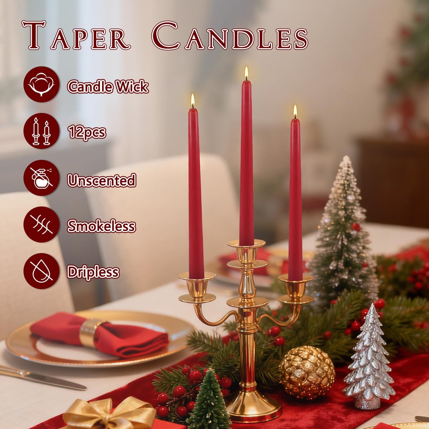 12Pack Red Taper Candles-10 inch Unscented and Dripless Dinner Candles, 8-9 Hours Burn Time, Hand Poured Tall Candlesticks-Ideal for Home Decor Weddings, Dinner Parties, Christmas Candlesticks