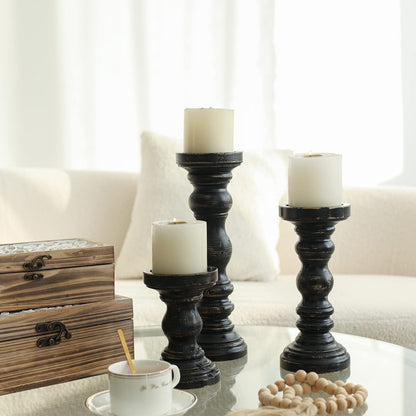 SWALLOWLIVING Rustic Farmhouse Wood Pillar Candle Holder Set of 3 for Candlestick, Black