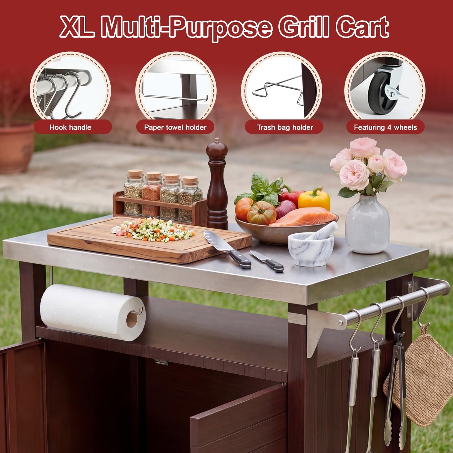 BBQMall Outdoor Grill Cart with Stainless Steel Top & Large Storage Cabinet, Movable Kitchen Island with Wheels for BBQ Food Prep, Pizza Oven Stand 39" x 20" x 35"