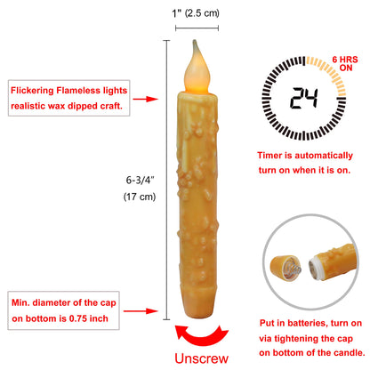 CVHOMEDECO. Real Wax Hand Dipped Battery Operated LED Timer Taper Candles Rustic Primitive Flameless Lights Decor, 6-3/4 Inch, Orange, 3 PCS in a Package