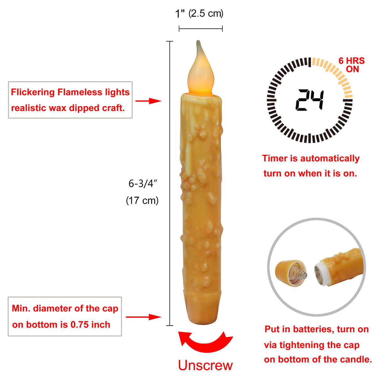 CVHOMEDECO. Real Wax Hand Dipped Battery Operated LED Timer Taper Candles Rustic Primitive Flameless Lights Decor, 6-3/4 Inch, Orange, 6 PCS in a Package