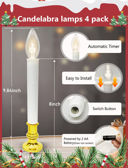 4 Pack Christmas Battery Operated Window Candles with Timer (6-18H), Wireless Window Candle Light with Gold Candlestick Base, C26 LED Bulb Candle Lamp for Home Party Valentines Decor, 4 Suction Cups