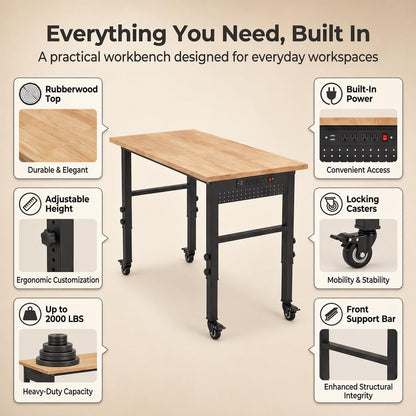 VUWIF 48" Workbench with Casters, Adjustable Height Workbench with Rubberwood Top, Built-in Power Strip with 4 AC Outlets and 2 USB Ports, 2000 LBS Capacity for Garage, Workshop, and Home