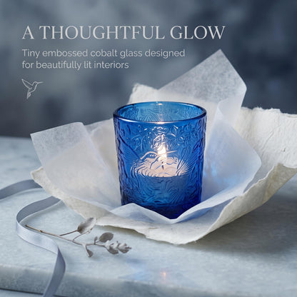 12 Pack Hummingbird Embossed Glass Candle Holders – Votive Tealight Holders with Patent Design, Decorative Embossed Glass Cups for Wedding Centerpieces, Parties, and Home Décor (Ocean Blue)