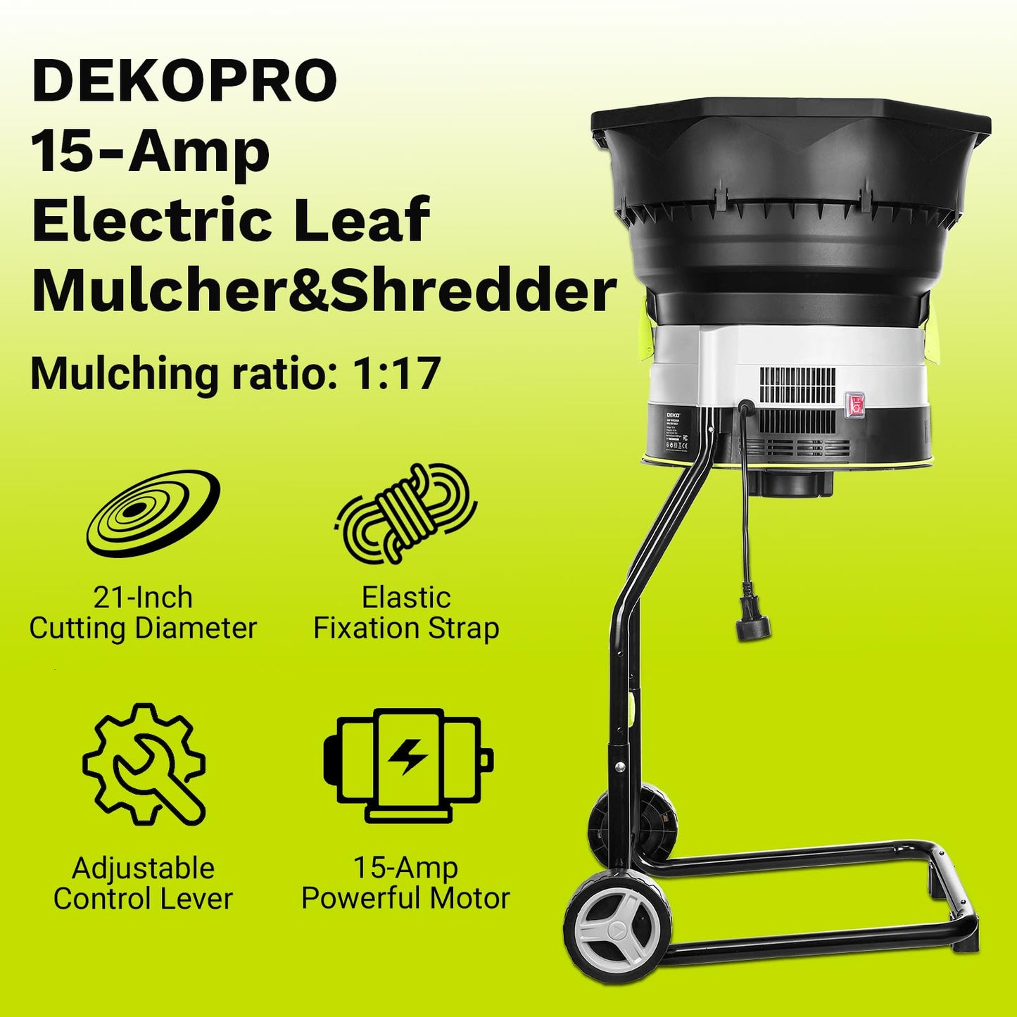 Electric Leaf Mulcher/Shredder: DEKOPRO 15-Amp 8200RPM Motor for 17:1 Reduction Ratio, Adjustable Control Dia with Leaf Scoops Spade, Collection Bag & 20 Cutting Lines