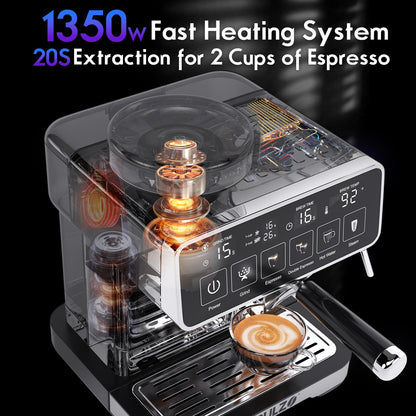 PULZO Espresso Machine with Grinder, 20 Bar Professional Coffee Machine with Milk Frother Steam Wand, All-in-One Stainless Steel Coffee Maker to Make Latte, Cappuccino, 67oz Detachable Water Tank