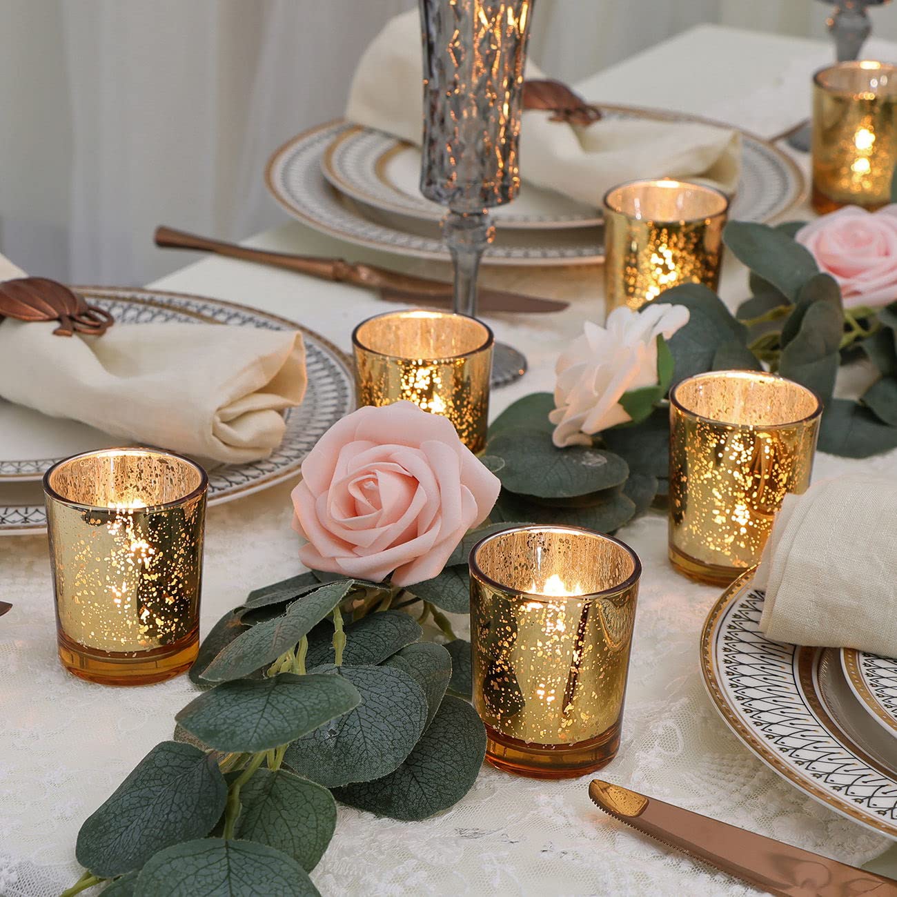 DEVI Gold Votive Candle Holders 24 Pcs, Mercury Tealight Candle Holder Glass, Gold Wedding Centerpieces for Table Decorations, Valentine Diwali Party Bridal Shower Decorations