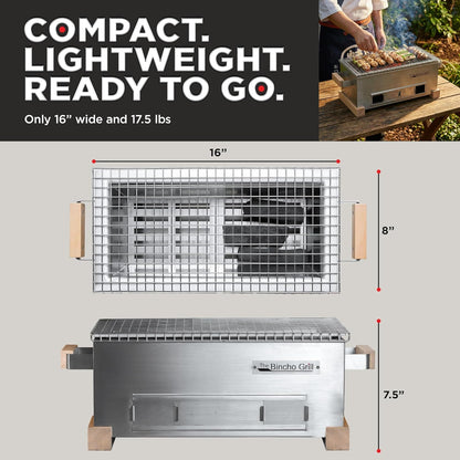 The Bincho Grill 16" Mini Yakitori Grill – Stainless Steel Mini Tabletop Charcoal BBQ with Charcoal Box, Optimized Airflow & Cool-Touch Base - Perfect for Japanese Grilling, Skewers, Meat, Seafood