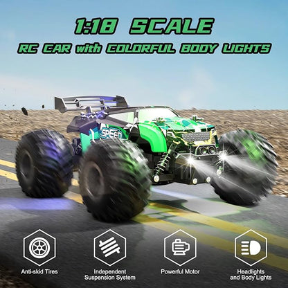 Remote Control Car RC Cars All Terrain Monster Truck Outdoor 2WD Off Road Hobby RC Truck with 2 Rechargeable Batteries and Colorful Light 20Km/h Fast RC Car Toys Gift for Kids Boys