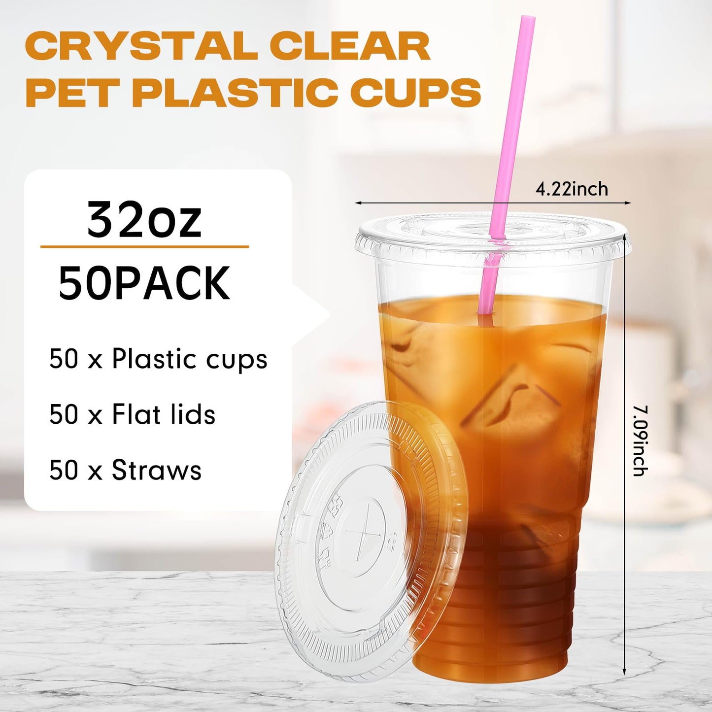 Ziliny 50sets 32 oz Clear Plastic Cups with Lids and Straws Disposable Clear Thickened Pet Plastic Drinking Cups for Cold Drinks, Iced Coffee, Milkshakes, Smoothies, Dessert (Multicolor)