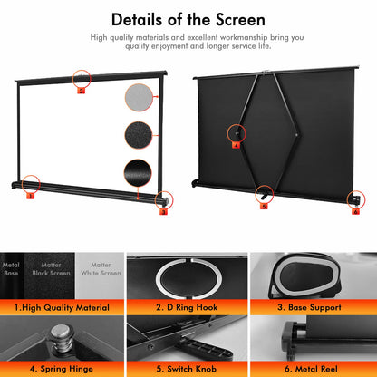 New Portable Mobile 50 Inch Projector Screen Pull Down, 16:9 Projector Screen Retractable Tabletop Screen Tripod Stand for Home Theater Meeting Room, School Indoor Outdoor Ceiling Wall Mount Upgrade