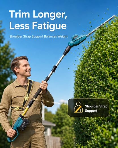 SEESII 20V Pole Hedge Trimmer Cordless, Electric Hedge Trimmer with Extension Pole, 8.5 FT Telescopic Pole with Shoulder Strap, 2 Packs 4.0Ah Batteries & Charger, Long Reach Bush Shrub Trimmer