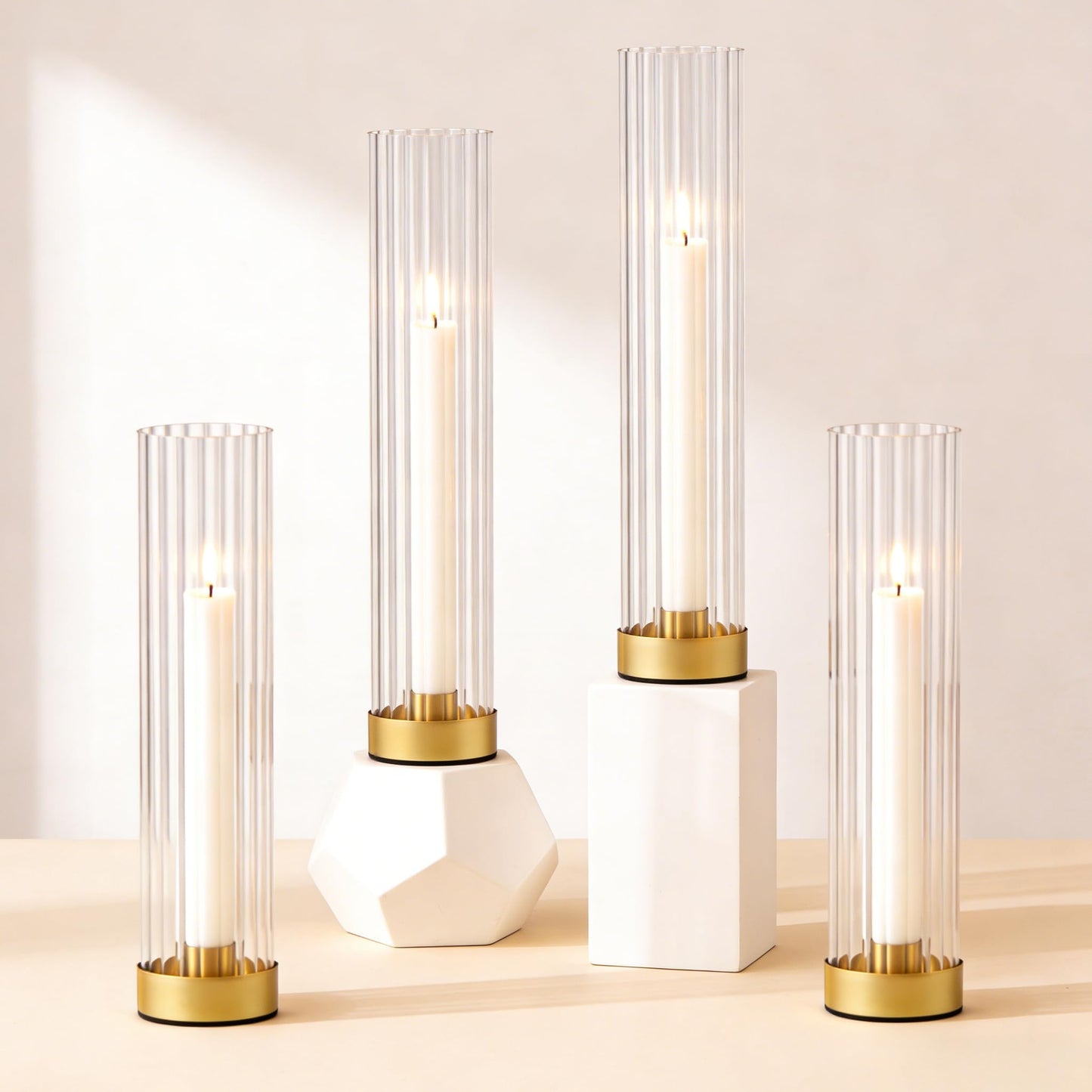 Hurricane Candle Holders Golden Taper Candle Sticks Holder, with 11" Thickened Glass Cylinder Covers Ribbed Candlesticks Holders Bulk Set of 4, Dining Table Centerpiece for Wedding