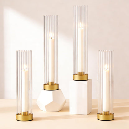 Hurricane Candle Holders Golden Taper Candle Sticks Holder, with 11" Thickened Glass Cylinder Covers Ribbed Candlesticks Holders Bulk Set of 4, Dining Table Centerpiece for Wedding