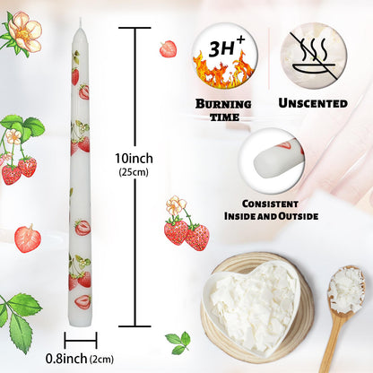 Floral Taper Candles 10 Inch Tall Unscented Handmade Strawberry Print Long Burning Elegant Candlesticks for Wedding Dinner Home Decor