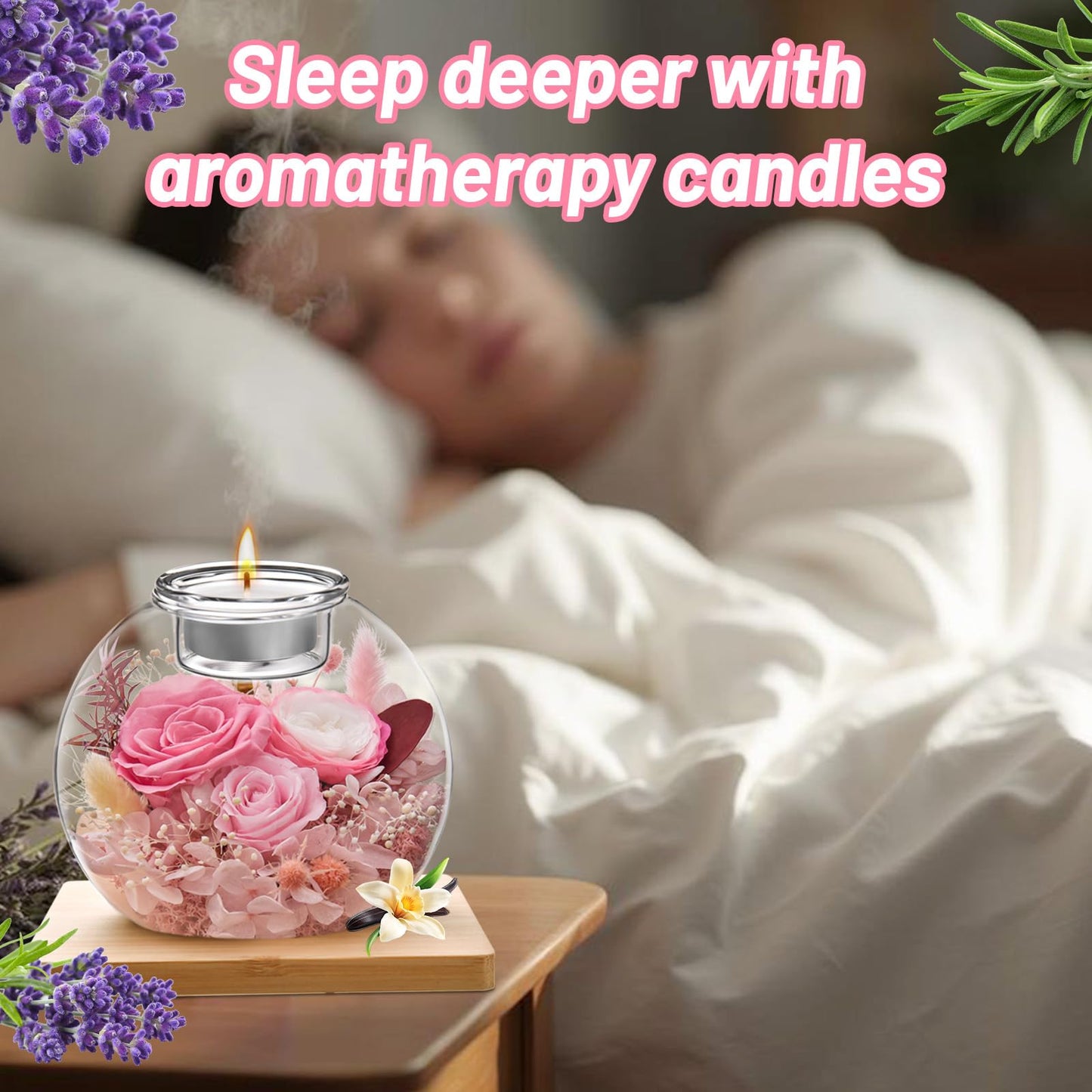 Preserved Flowers in Glass Dome with Candle Holder, Real Roses Eternal Flower Arrangement, Scented Candle Gift Set with 18 Candles for Women Mom Wife Birthday Mother's Day Valentine's Day (Pink)