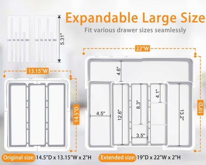Homecor Kitchen Utensil Drawer Organizer, Large 22"x 19" Expandable Silverware Organizer with Removable Knife Block, Utensil Holder and Cutlery Tray, Kitchen Spatula Tools and Gadgets Storage, White