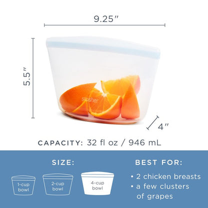 Stasher Silicone Reusable Storage Bag, 4-Cup Bowl, Reusable Snack Bag, Microwave, Dishwasher, Oven Safe, Sous Vide, Premium Lunch Container, Eco Friendly, Food Storage Bag, Freezer Bag, 32 oz, Clear