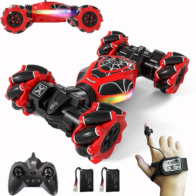 Gesture RC Car Red1:24 High Speed 4WD Transform Stunt Car with Gesture &amp Remote Control 360° Rotation Drift Vehicle with LED Lights Music Racing Toy Cars Gift for Boys Girls Age 6-12
