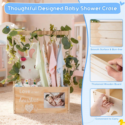 LLMQ Baby Gift Basket with Adjustable Handle, Thickened Wooden Baby Shower Crate Closet, Baby Shower Clothes Rack Storage Box, Larger Capacity Diaper Caddy Organizer (No Wreath)