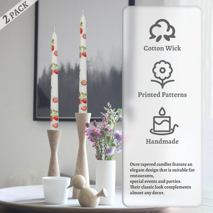 Floral Taper Candles 10 Inch Tall Unscented Handmade Strawberry Print Long Burning Elegant Candlesticks for Wedding Dinner Home Decor