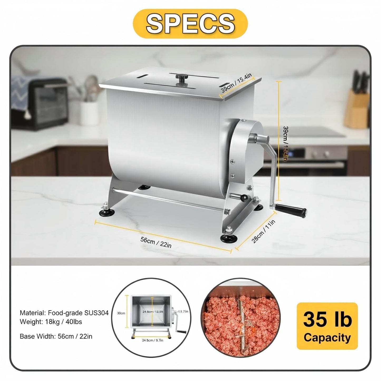 Wutfly Manual Tilting Meat Mixer, 35 lb / 6 Gallon Capacity, Stainless Steel Sausage Stuffer for Burger, Sausage & Jerky, with Removable Paddle & Non-Slip Feet, Countertop Food Processor