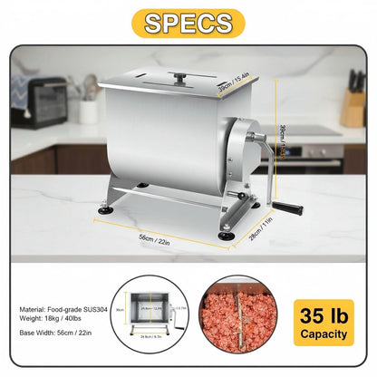 Wutfly Manual Tilting Meat Mixer, 35 lb / 6 Gallon Capacity, Stainless Steel Sausage Stuffer for Burger, Sausage & Jerky, with Removable Paddle & Non-Slip Feet, Countertop Food Processor