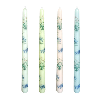 4-Pack Printed Taper Candles Unscented - Dripless & Smokeless 7-Hour Burn - 10" Hand-Poured Candles with Orchid Design for Dining, Weddings (White/Pastel Yellow/Pink/Blue)