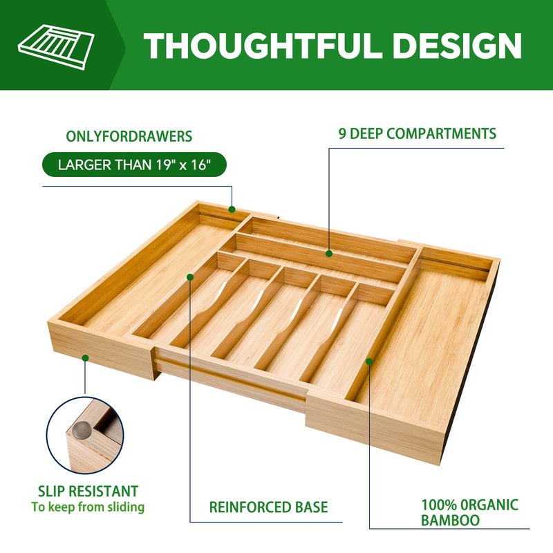 Simple Trending Bamboo Kitchen Drawer Organizer, Expandable Silverware Organizer, Utensil Cutlery Tray for Flatware, Natural
