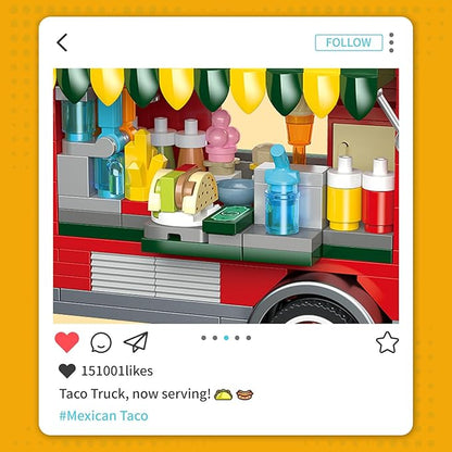 Taco Truck Building Blocks Set Cityscape Series Building Sets with Separate Dining Table and Puppy Pretend Play DIY Building Toys Gifts for Family Friends on Birthday Festival (615 Pcs)