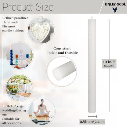10 Inch Texture Taper Candle White Unscented Twisted Candlesticks Smokeless Handmade Long Candle Stick for Creative Gifts Holiday Dinner Decor 2 PCS