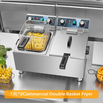 WaterElfo Deep Fryer Commercial Deep Fryers With Basket13Lx2 13.7Qt x 2 Thicken With Precise Temperature Control Timer Double Deep Fryer With 2 Baskets1800Wattsx2 120V Countertop Fryer Restaurant