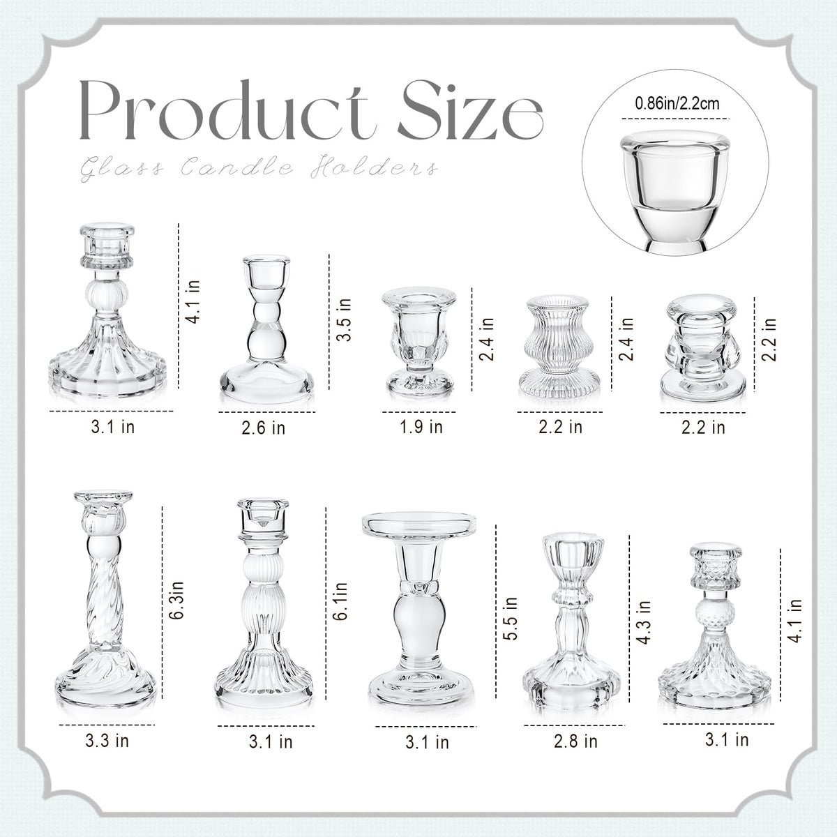 Mumufy 10 Pcs Glass Crystal Taper Candle Holders Clear Glass Candlestick Holder Fit 0.8 Inch Candles Crystal Decorative Candle Stand Centerpiece Table Wedding Dining Party (Classic,Clear)