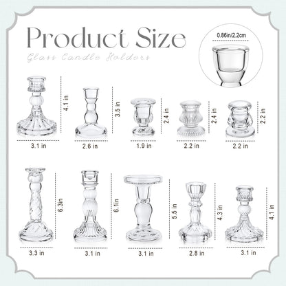 Mumufy 10 Pcs Glass Crystal Taper Candle Holders Clear Glass Candlestick Holder Fit 0.8 Inch Candles Crystal Decorative Candle Stand Centerpiece Table Wedding Dining Party (Classic,Clear)