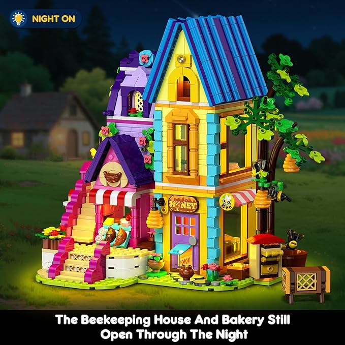 HOGOKIDS Beekeeping &amp Bakery House Building Toy with LED Light - 1084PCS Friends Girls Baking Building Set with Honey Workshop Pretend Play Birthday for Kid Girls Boys Ages 8-12+ Years