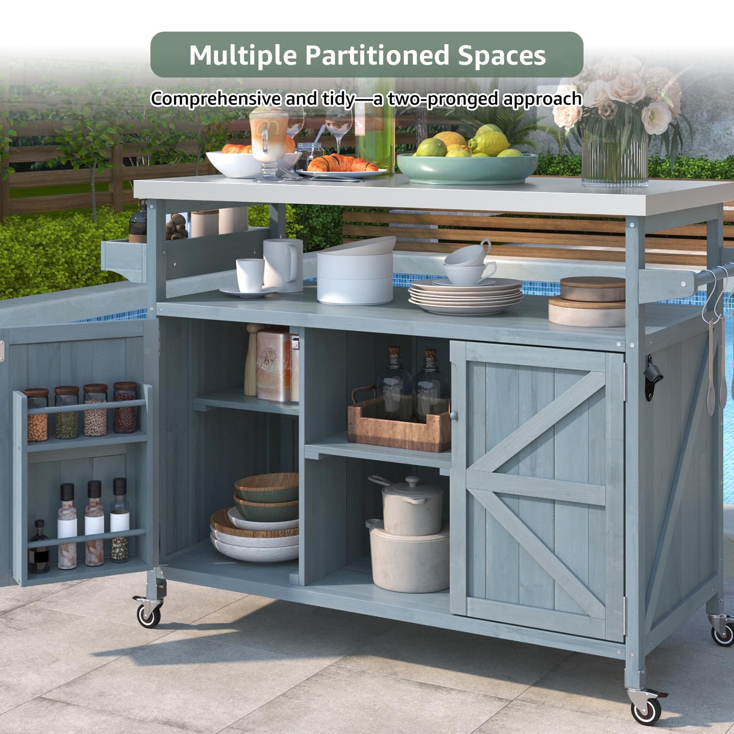 50.25" Outdoor Kitchen Island with Wheels for Food Prep, Strage, Bar, Rolling Outdoor Grill Table for Outside, Outside Cooking Table, Grill Carts, Cooking Station, Modular, Solid Wood, Grey Blue