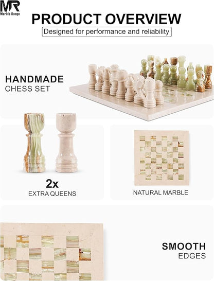 Marble Chess Set for Adults 12 Handmade Verona &amp Green Board Game with 32 Chess Pieces 2 Extra Queens &amp Storage Box Luxury Travel Game Elegant for Home Decor