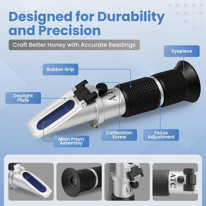 3-in-1 Honey Refractometer with ATC – Brix 58-90%, Baume 38-43%, Moisture 12-27% – Easy to Calibrate, Reliable, and Accurate Tester for Honey, Maple Syrup, Molasses, and More – Ideal for Beekeepers