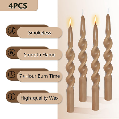Spiral Taper Candles Twisted Candlesticks 4 PCS Brown Candle Stick Unscented Candles for Dinner Home Décor Weddings Party Festive Seasons Holiday