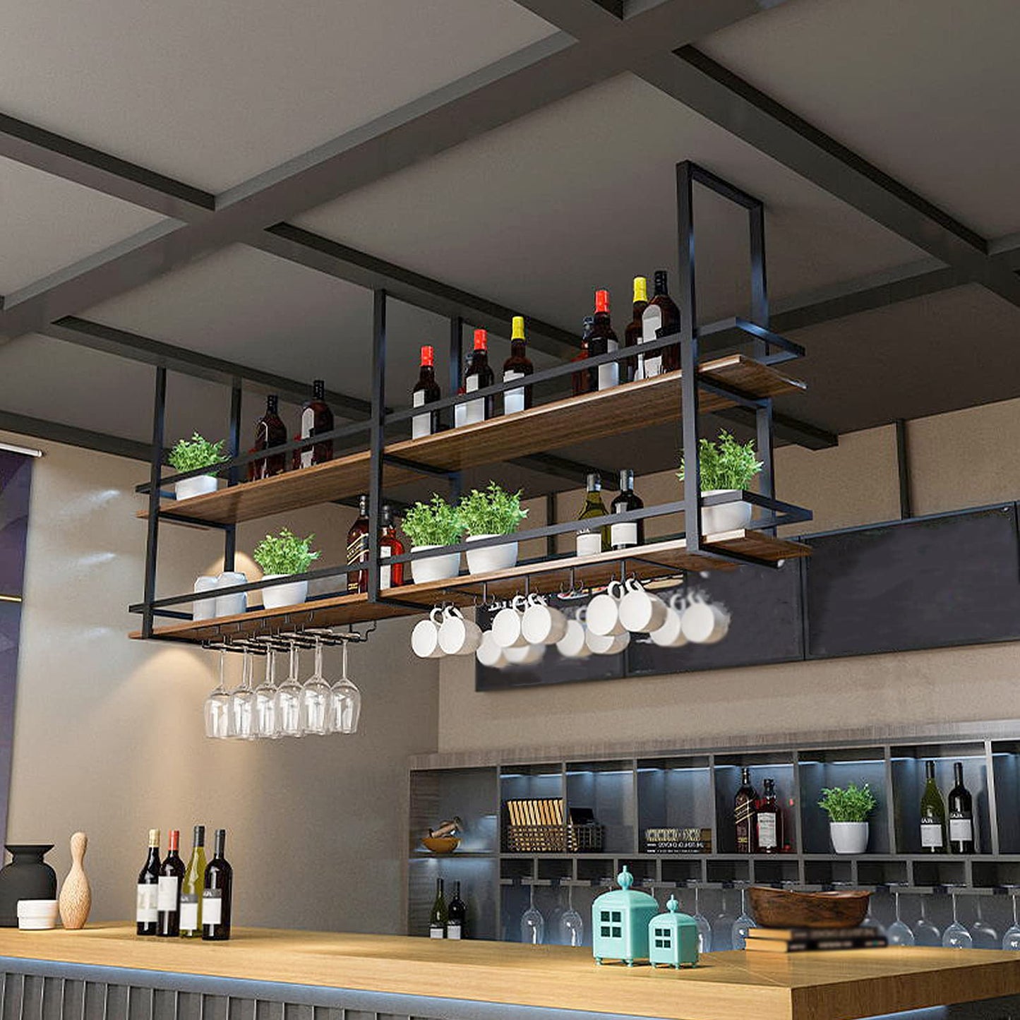 Ceiling Wine Glass Rack - 39.3in Hanging Wine Rack with Glass Holder and Shelf, 2 Layer Industrial Hanging Wine Bottle Holder, Black Metal Ceiling Shelf for Bar Cafe Kitchen (Black, 39.3×11.8×31.4in)