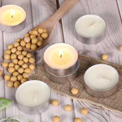 Soy Tea Lights Candles 50 Pack, 4 Hours Tealights Candles Bulk Unscented Small Tea Candles - 100% Natural Soy | Long Burning | Smokeless for Emergency, Dinner, Home