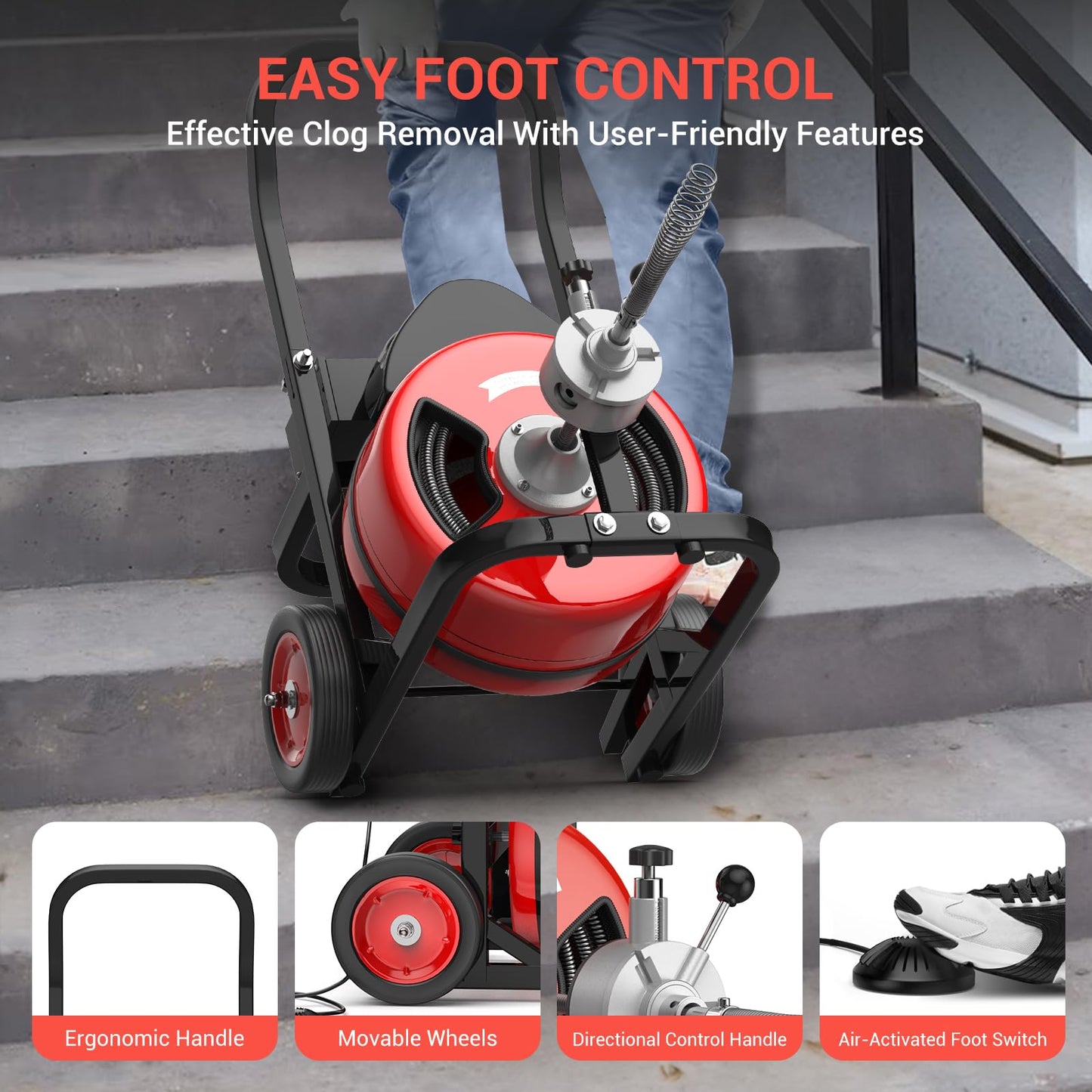 100Ft 3/4 Inch Electric Drain Cleaner Machine, 750W Auto Feed Sewer Snake Drain Auger with 6 Cutters & Air-Activated Foot Switch, Portable Electric Drain Cleaner for 4" to 8" Pipes