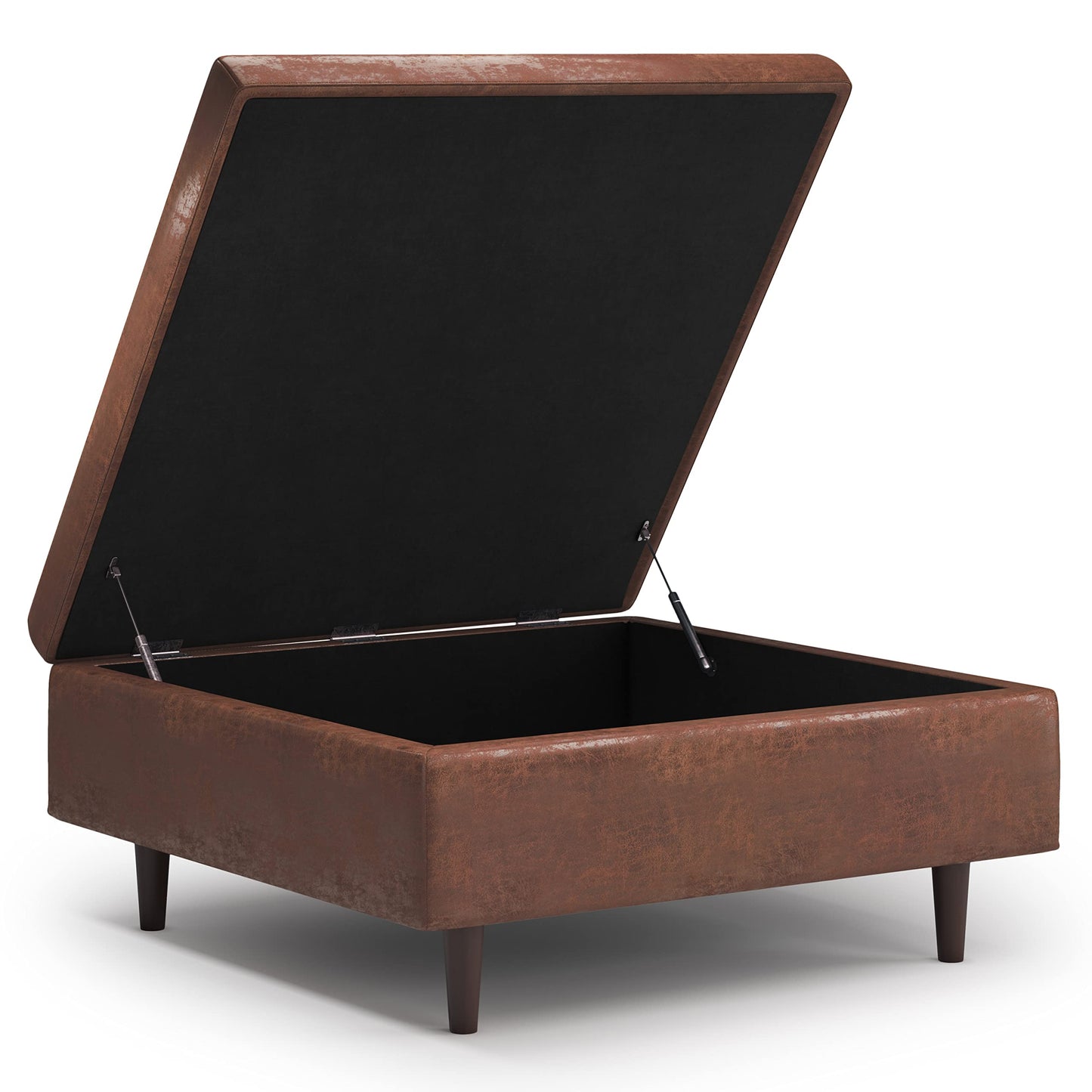 SIMPLIHOME Shay Coffee Table Storage Ottoman - 38 inch Wide Upholstered Vegan Leather Large Square Ottoman in Distressed Saddle Brown, Mid-Century Modern Tufted Ottoman for Living Room with Lift Top