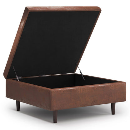SIMPLIHOME Shay Coffee Table Storage Ottoman - 38 inch Wide Upholstered Vegan Leather Large Square Ottoman in Distressed Saddle Brown, Mid-Century Modern Tufted Ottoman for Living Room with Lift Top