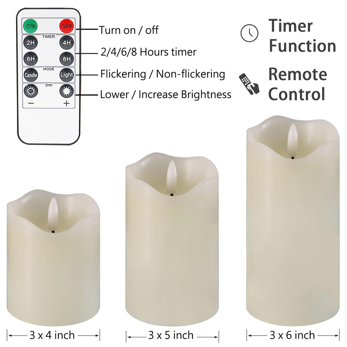 HVOPGEEUAN Flickering flameless Candles, Battery Operated Candles with Remote, led Pillar Candles，Electric Candle Set of 3，Christmas Home Wedding Birthday Decor（Ivory White） ﻿ ﻿