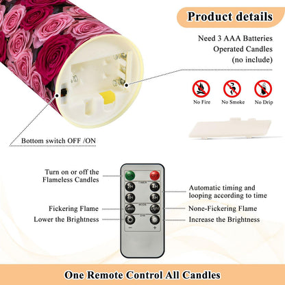 ALAZA Hot Pink Roses Flickering Flameless Candles Battery Operated with Remote Timer,Tea Light Candles LED Pillar Votive Set of 2 for Outdoor Indoor Decorations 3" x3.9"