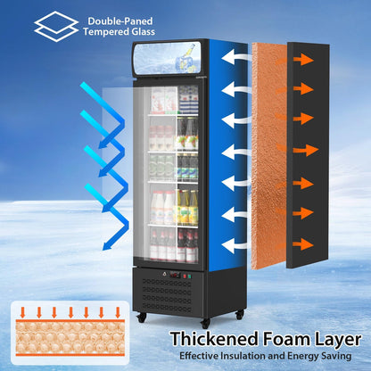 PeacefulHues 13.4 Cu.Ft Commercial Display Refrigerator,Glass Door Beverage Cooler with Adjustable Shelves,LED Lighting & Advertising Panel, Mobile Design