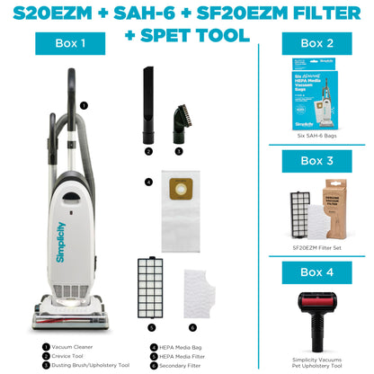 Simplicity Vacuums Allergy Pet Bundle | Bags & Filter Set Bundle | Upholstery Tool Bagged Vacuum Cleaner | Certified Hepa Vacuum | Pet Hair | S20EZM