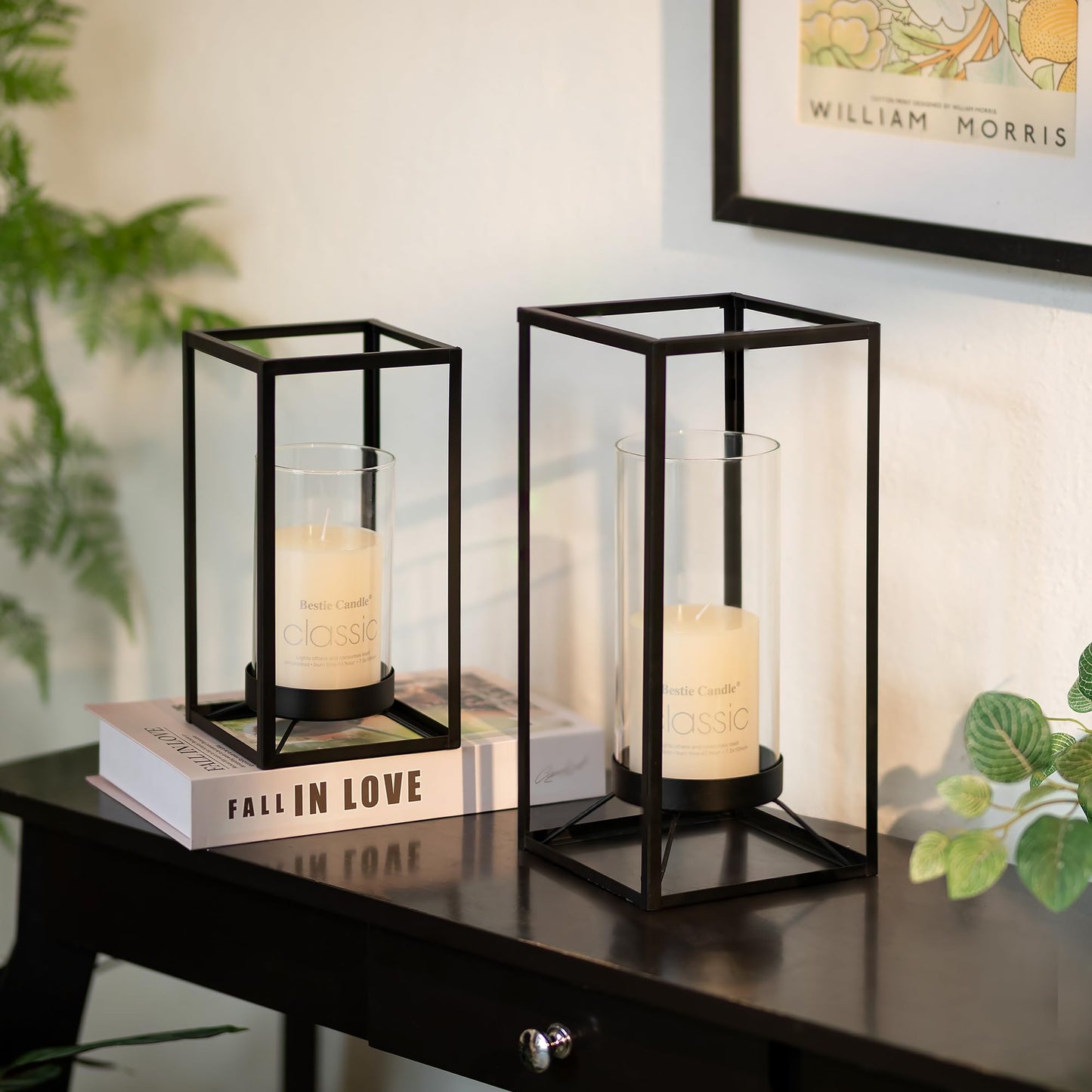 Staymoment Black Lantern Decorative Indoor Set of 2: Glass Metal Hurricane Candle Holder Modern Farmhouse Lanterns Decor Outdoor for Table Centerpiece Fireplace Wedding