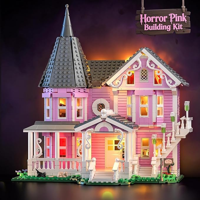 Pink Palace Apartment Building Set with Lights 1349PCS Halloween Haunted House Blocks Compatible with Lego Christmas Birthday Gifts for Kids &amp Collectors Aged 8+